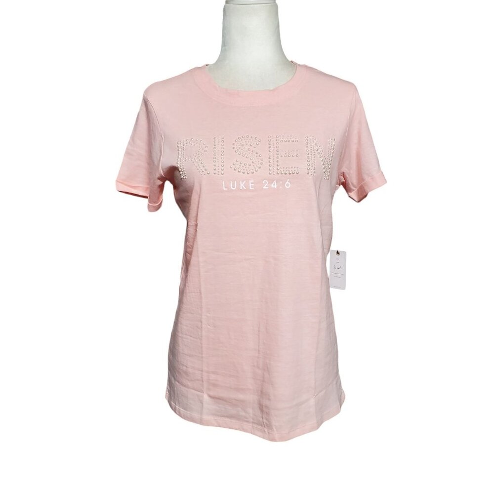 Risen Luke 24:6 Pink T-Shirt Women's Small 100% Cotton
